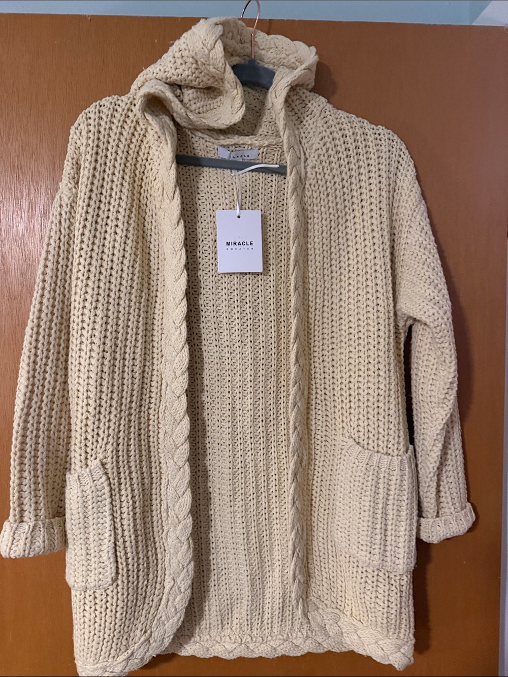 Miracle Cream Cable-Knit Open hooded hoodie  Cardigan Sweater pockets s/m
